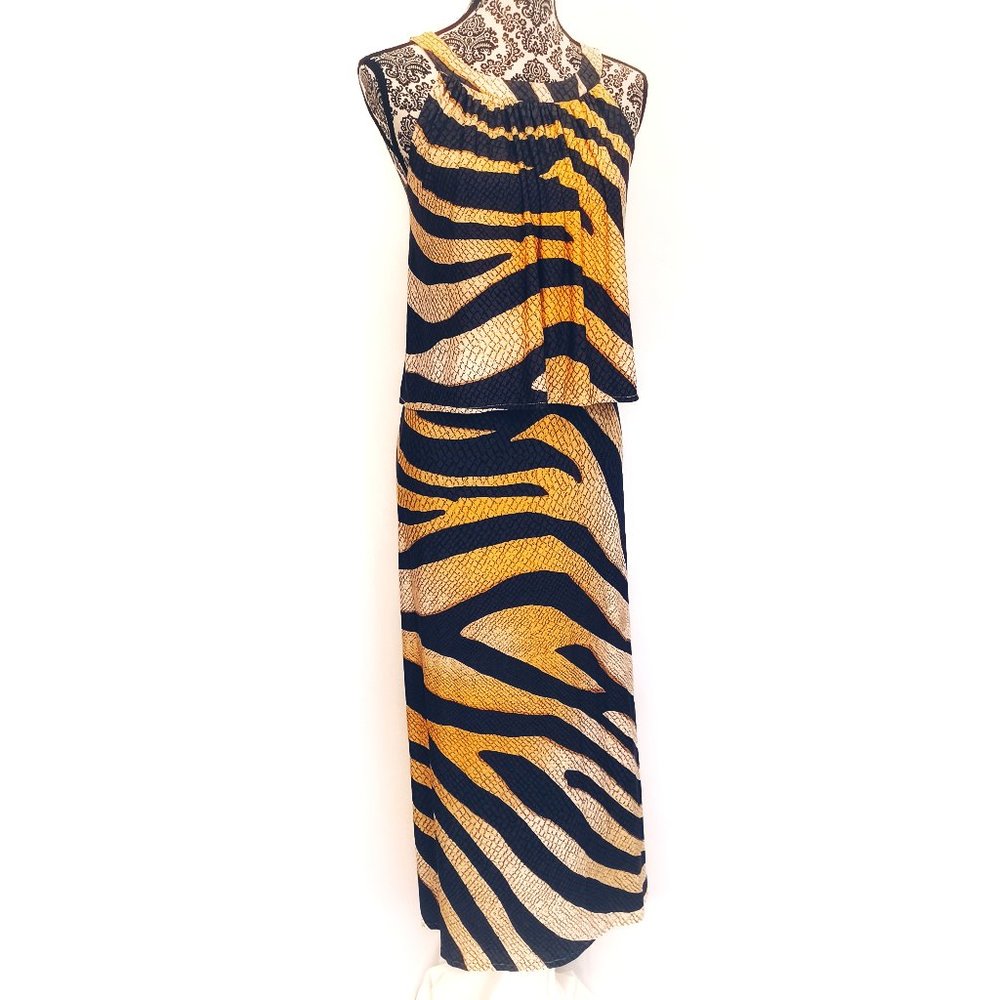 CHICO'S Maxi Dress Sleeveless Halter Neck Overlay Top Tiger Print Stretch 3 2X - Picture 4 of 5